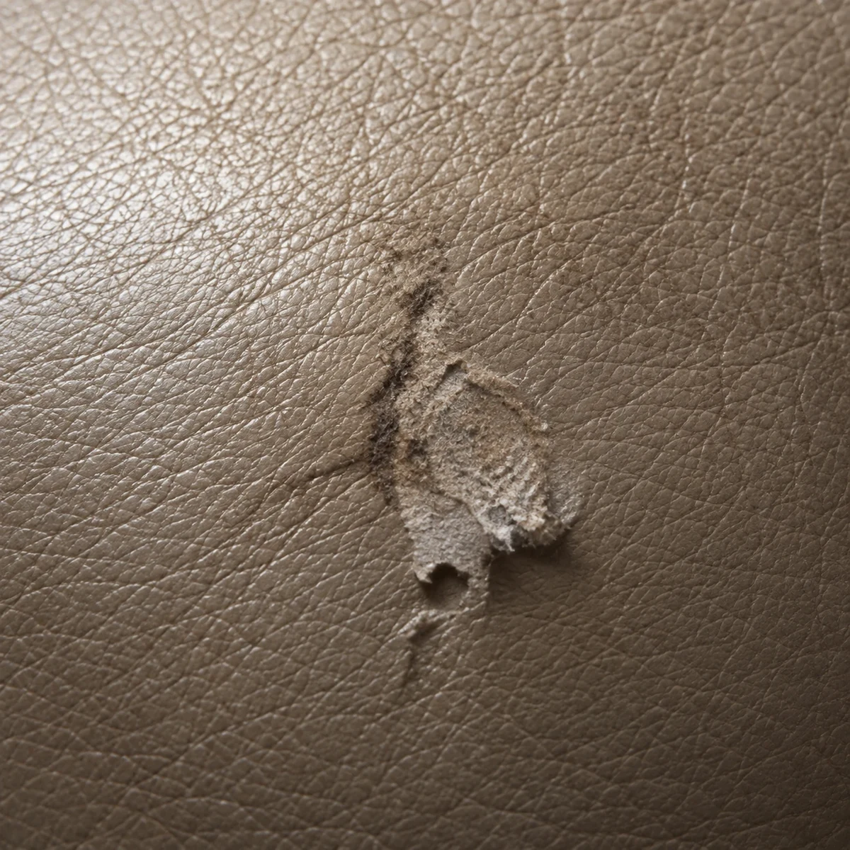 Filler worked into a gouge in taupe leather