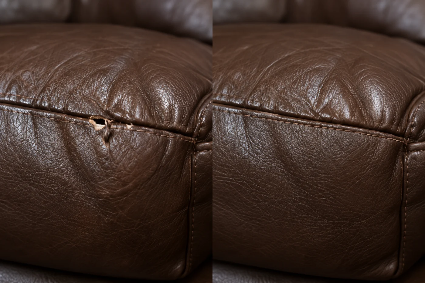 Brown seat seam hole before and after
