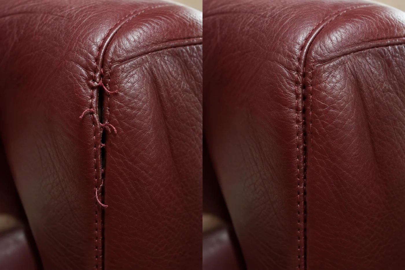 Burgundy arm seam before and after