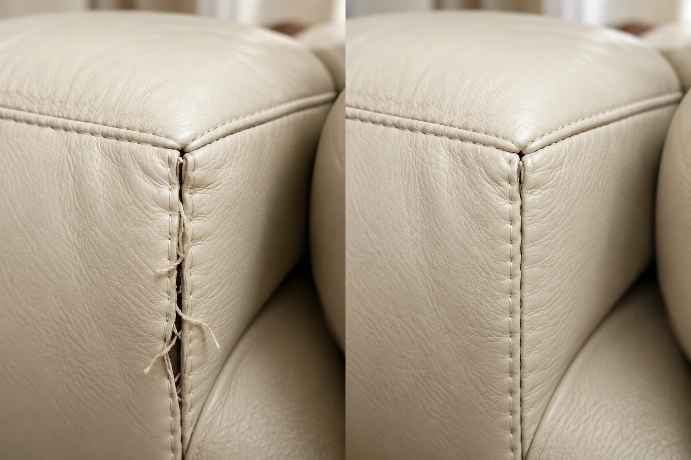 Split cream leather seam before and after