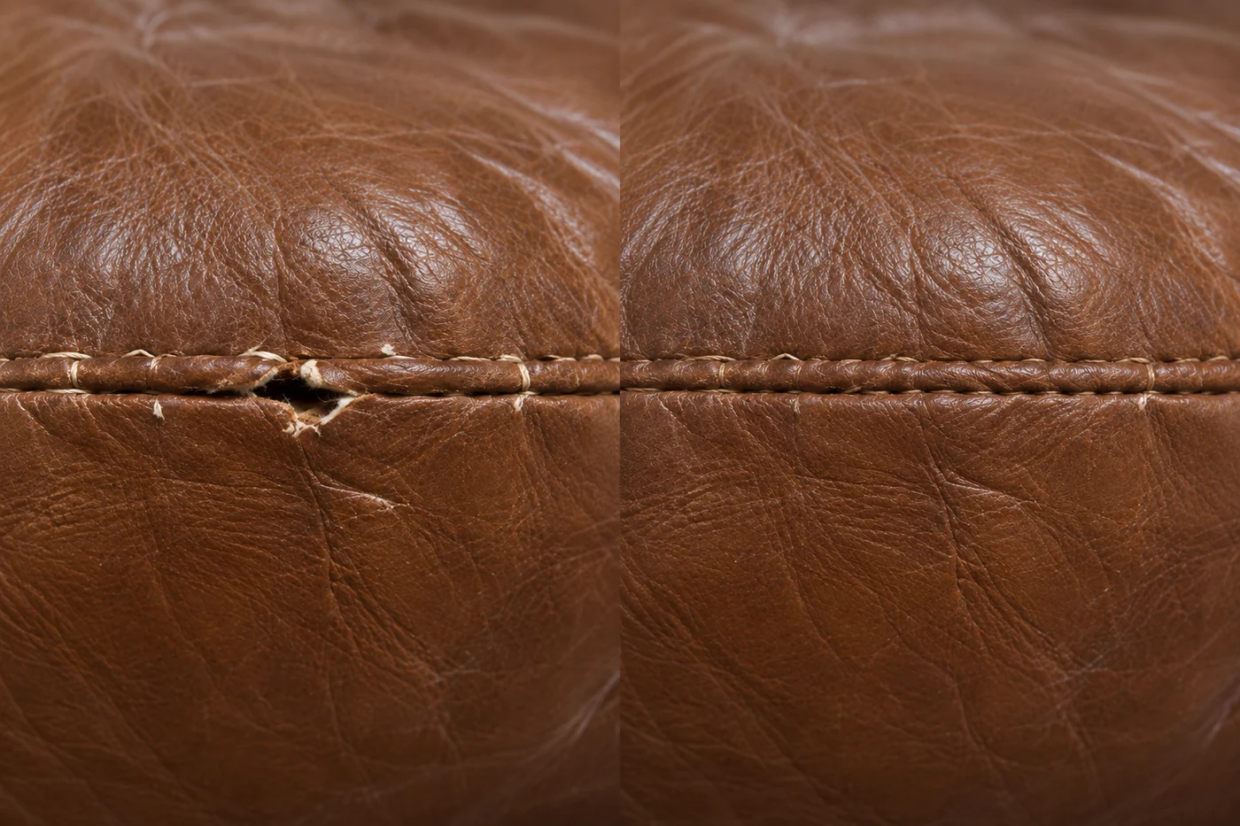 Split seam on a tan seat before and after