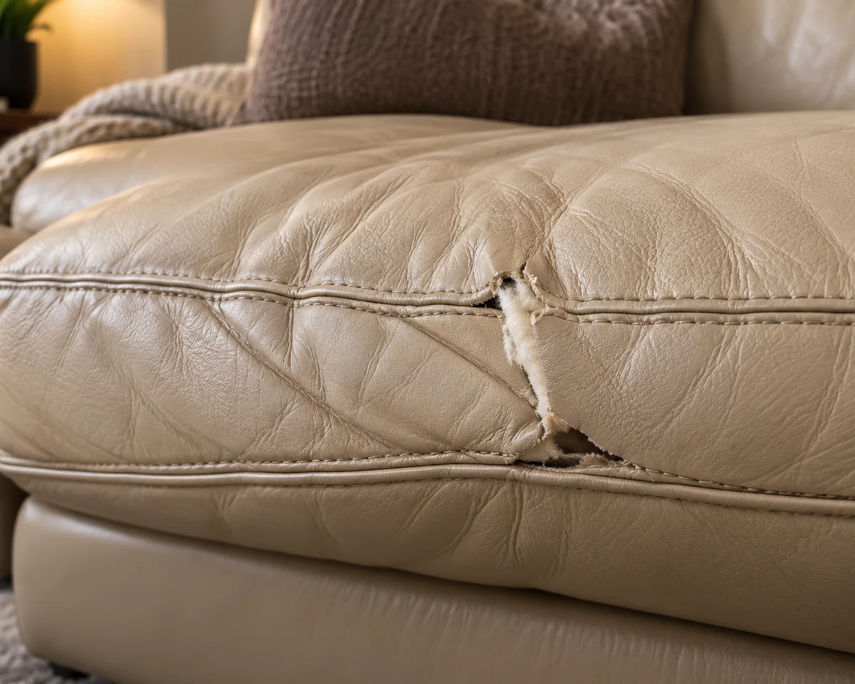 Cream leather cushion seam pulled open