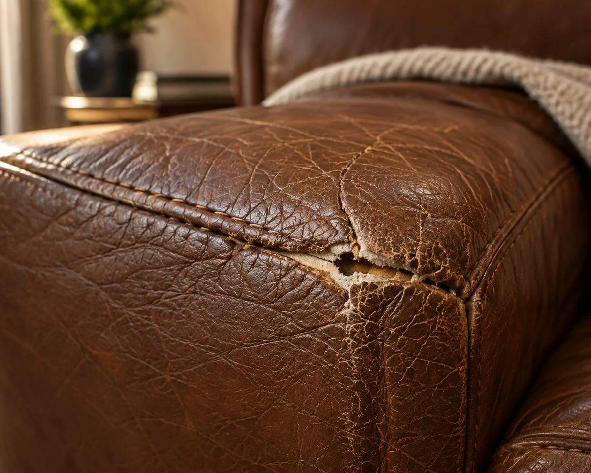 Tear in worn leather just beside a seam