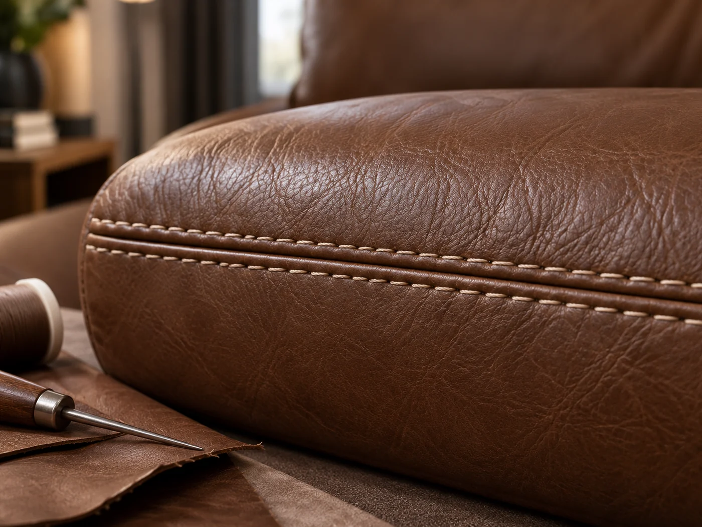 Finished stitch line on a brown leather cushion