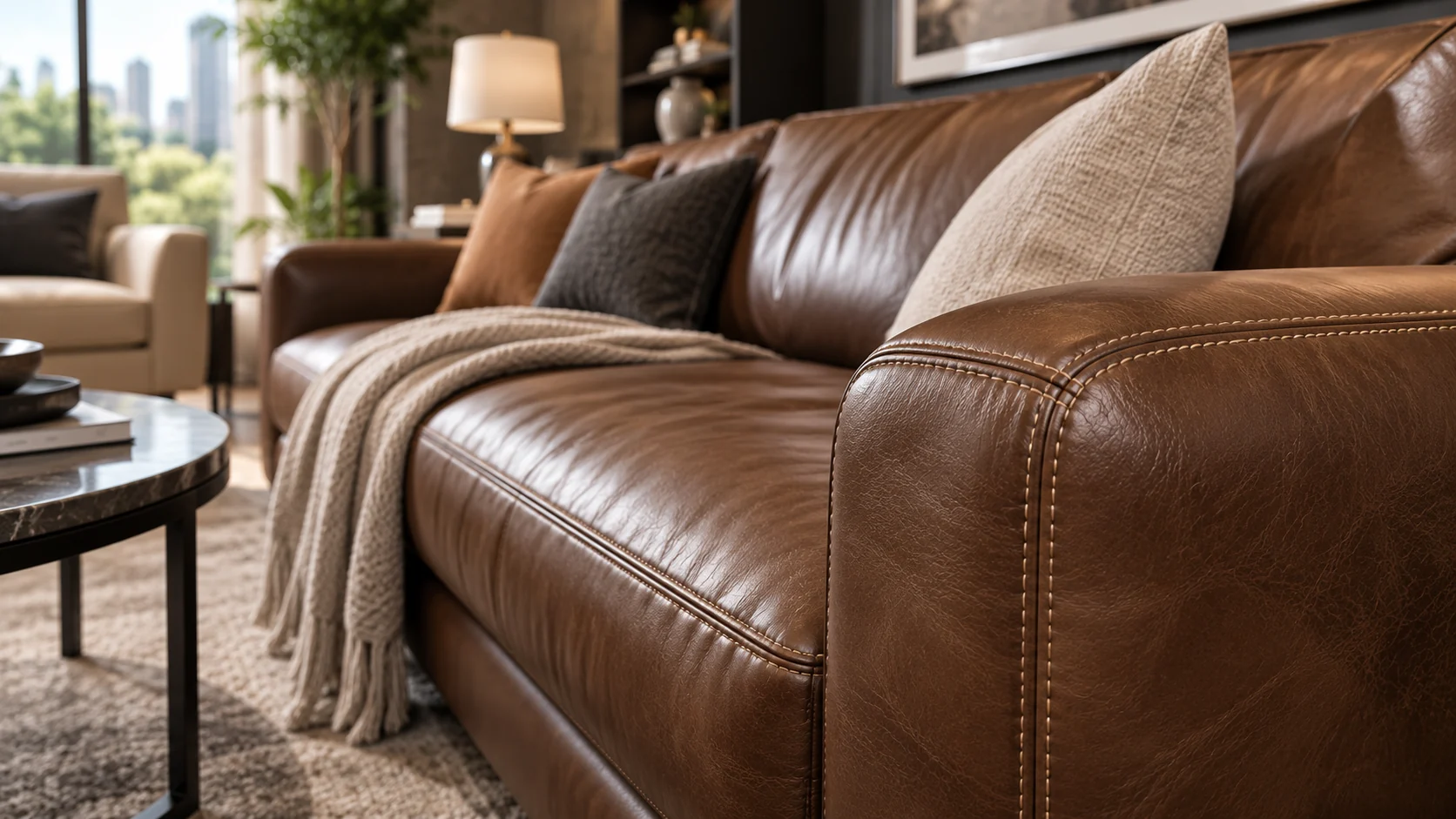 Brown leather sofa with stitched seams