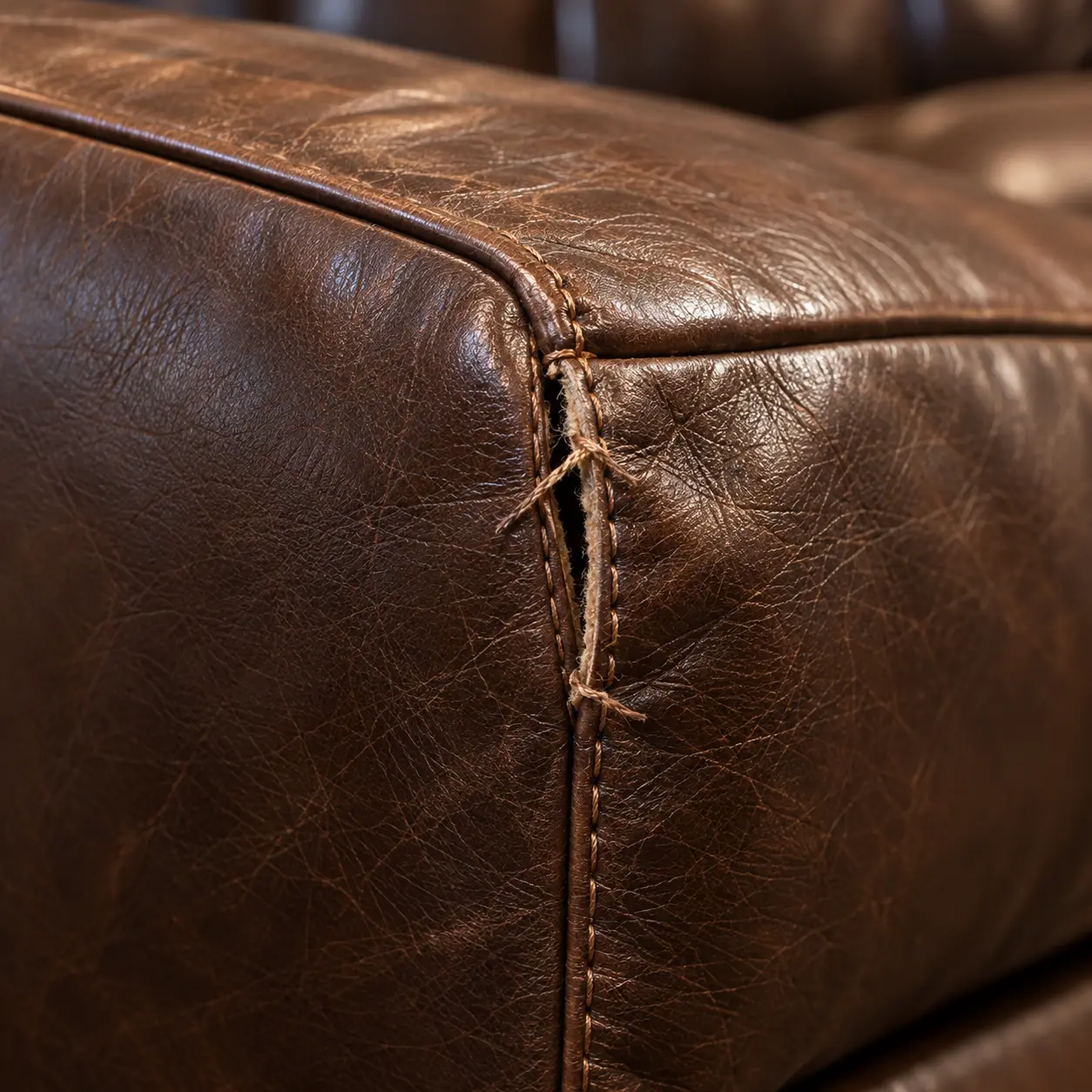 Brown leather seam split open at a corner