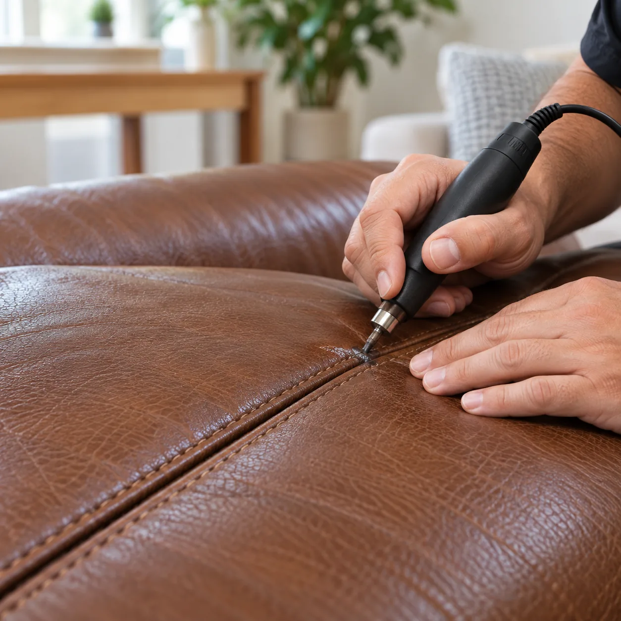 Split seam being restitched on a brown leather seat