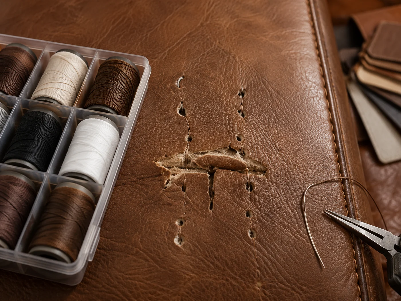 Thread matched to brown leather before stitching