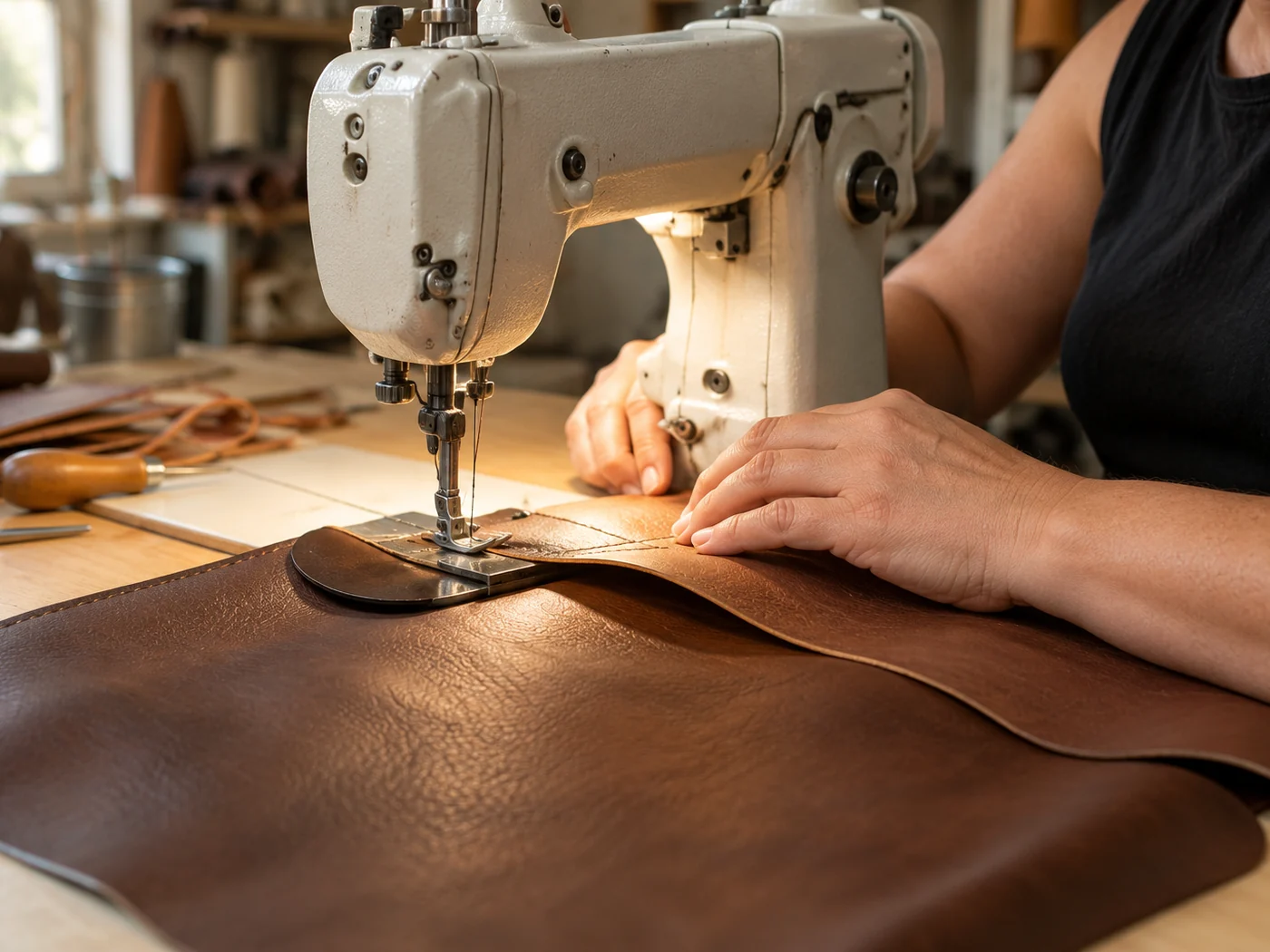 Leather panel sewn on a machine