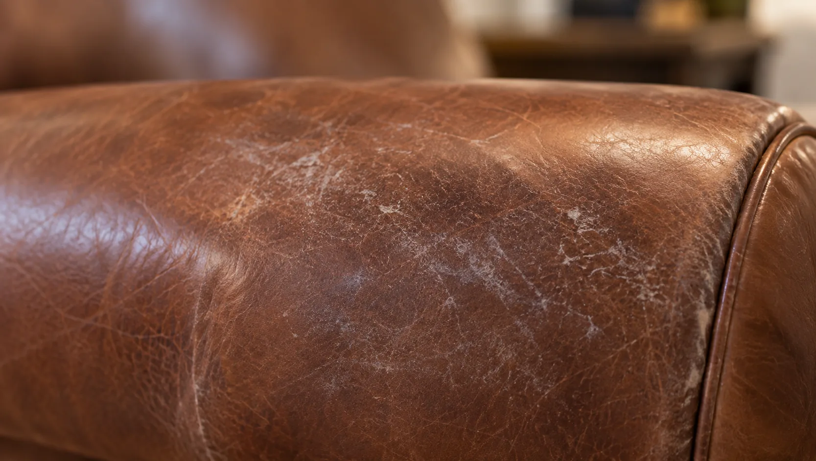 Worn center of a commercial leather seat cushion