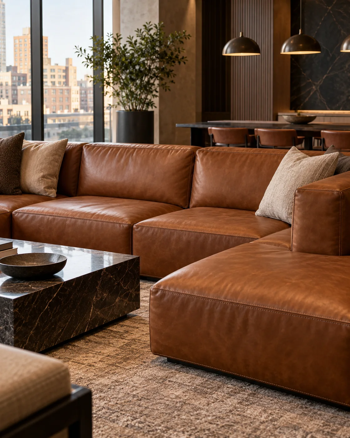 Leather seat cushions on lounge seating