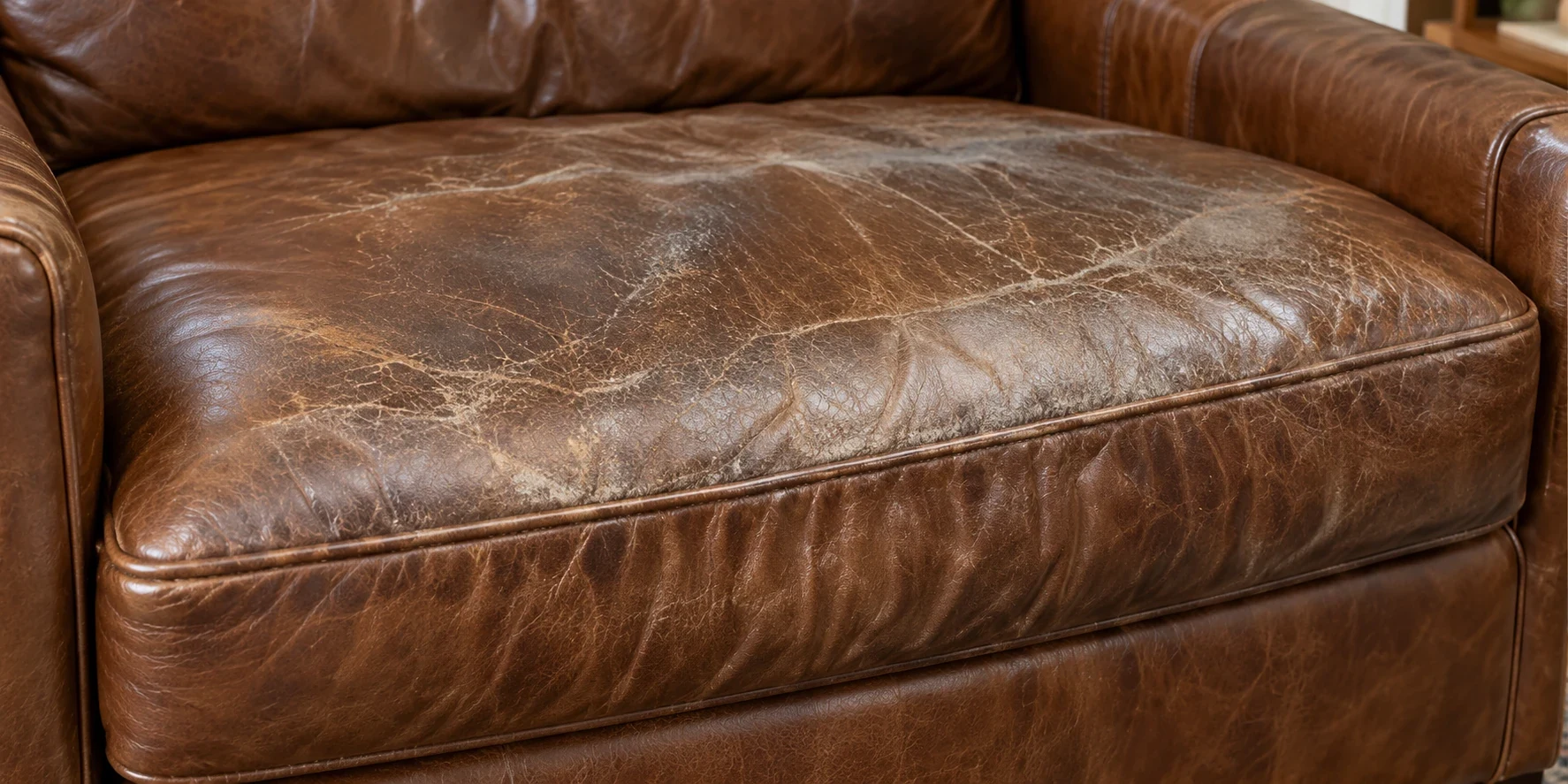 Close-up of a worn tan leather seat cushion with the arm beside it, showing which panel the damage sits on