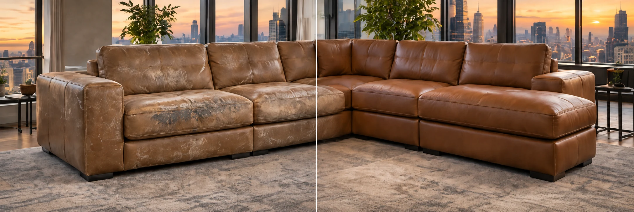 Worn cognac sectional before and after