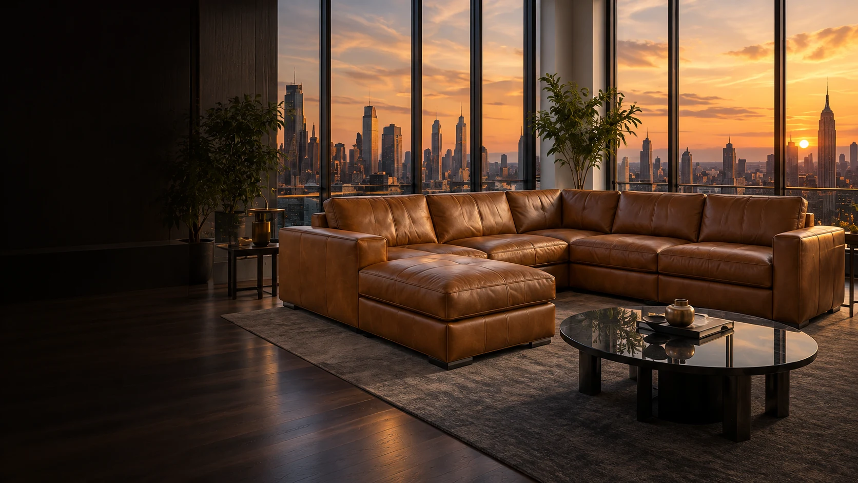Cognac leather sectional at sunset