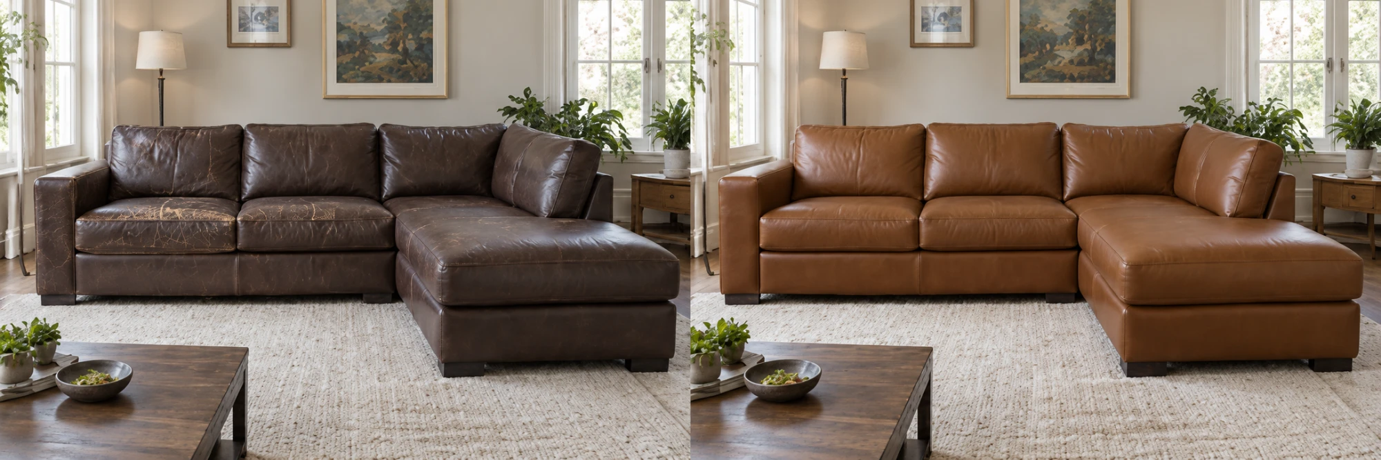 Brown sectional reupholstered in tan leather