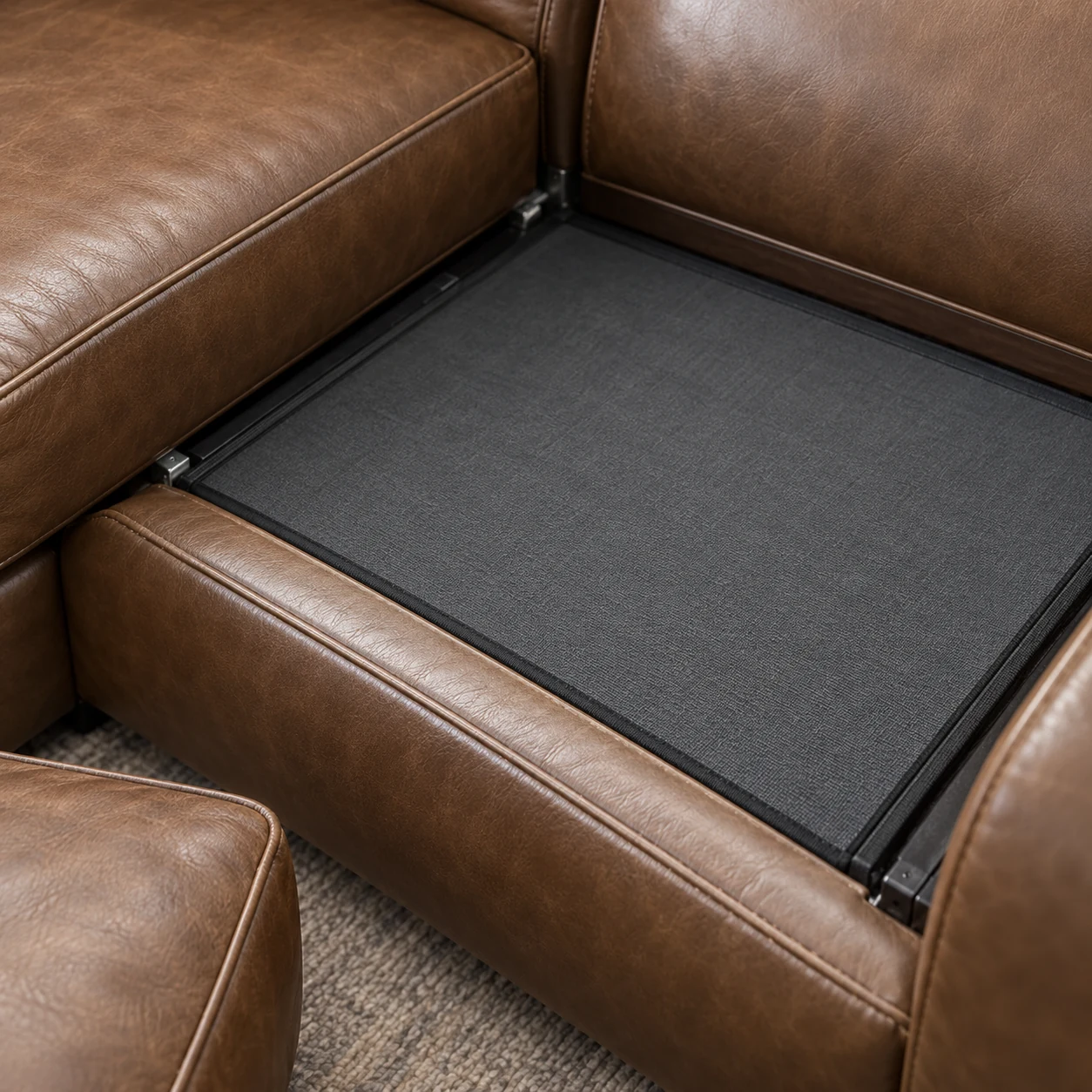 Seat deck under a removed sectional cushion