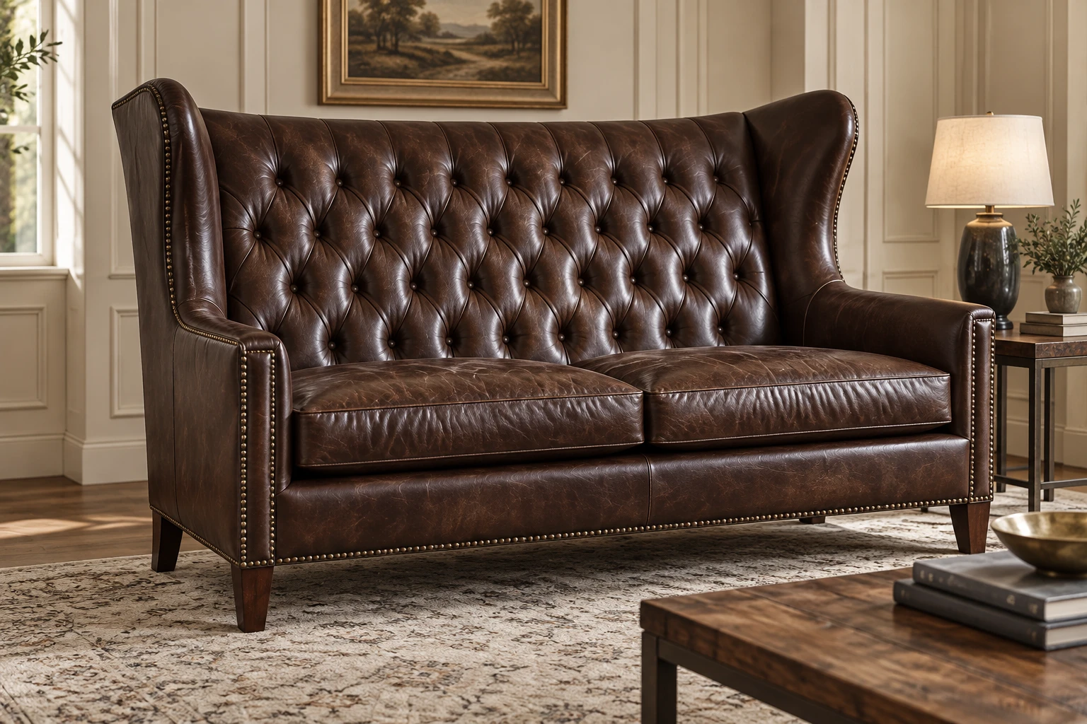 Tufted leather settee in an older home