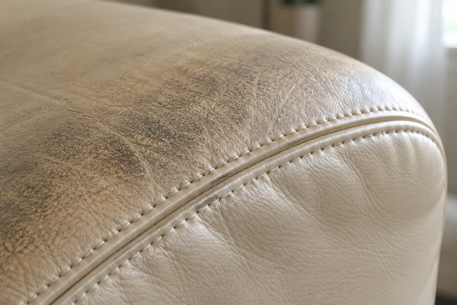Dull, worn patch on a cream leather arm