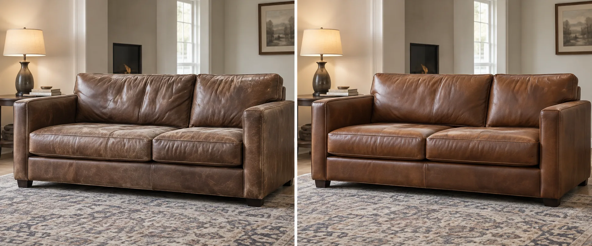 The same brown leather sleeper sofa side by side, faded and worn on the left, colour restored on the right