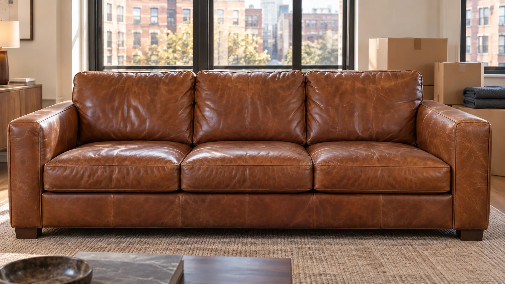The same leather sofa after the arm was repaired on site