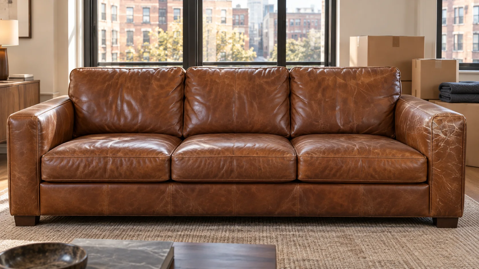 A leather sofa with a scratched arm after a move