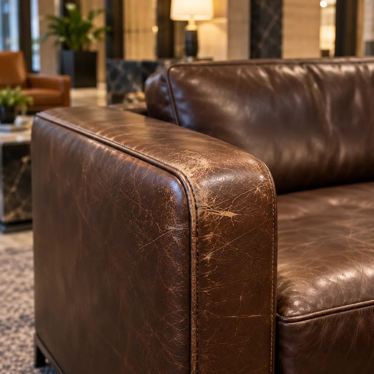 Old scuff on a leather sofa arm