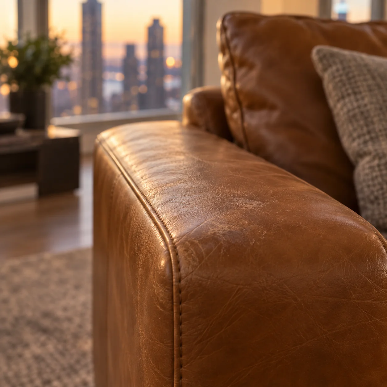 Worn and abraded top of a leather sofa arm