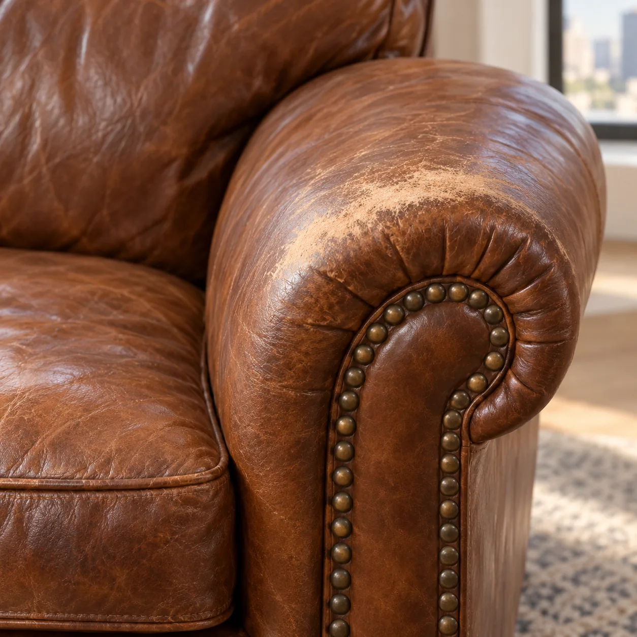 A worn rolled leather sofa arm with nailhead trim