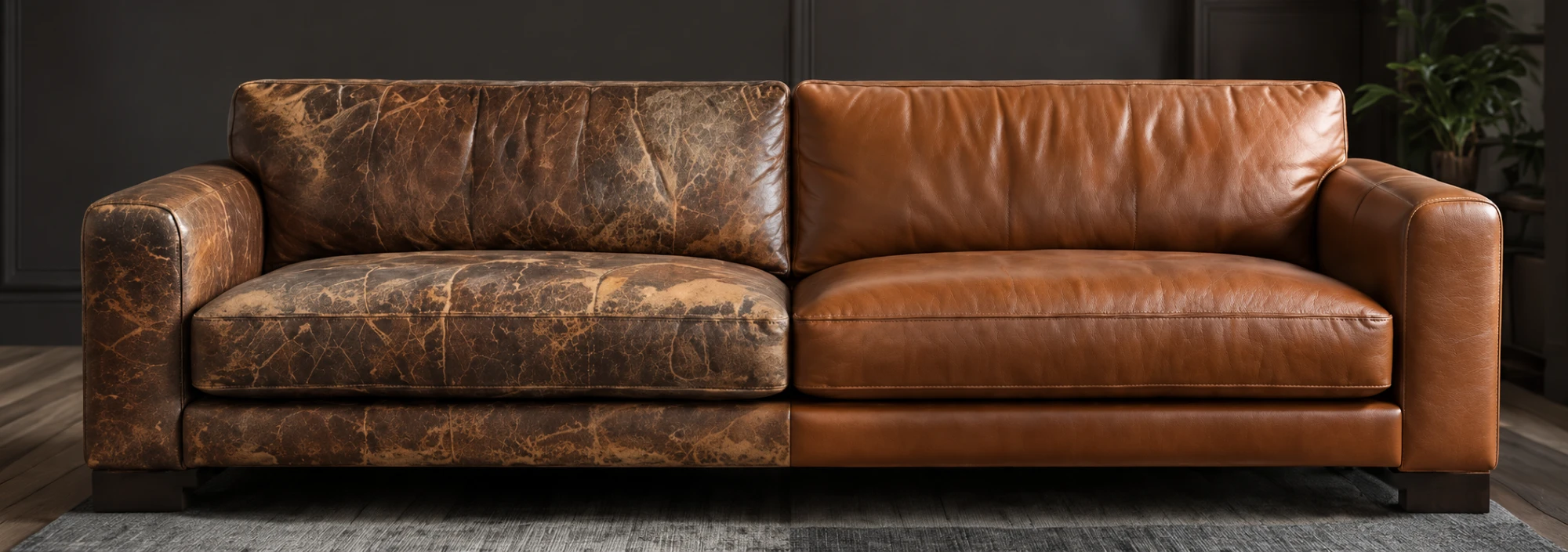 Worn brown leather sofa before and after