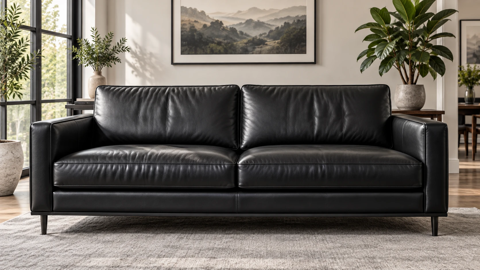 Black leather sofa in a bright room