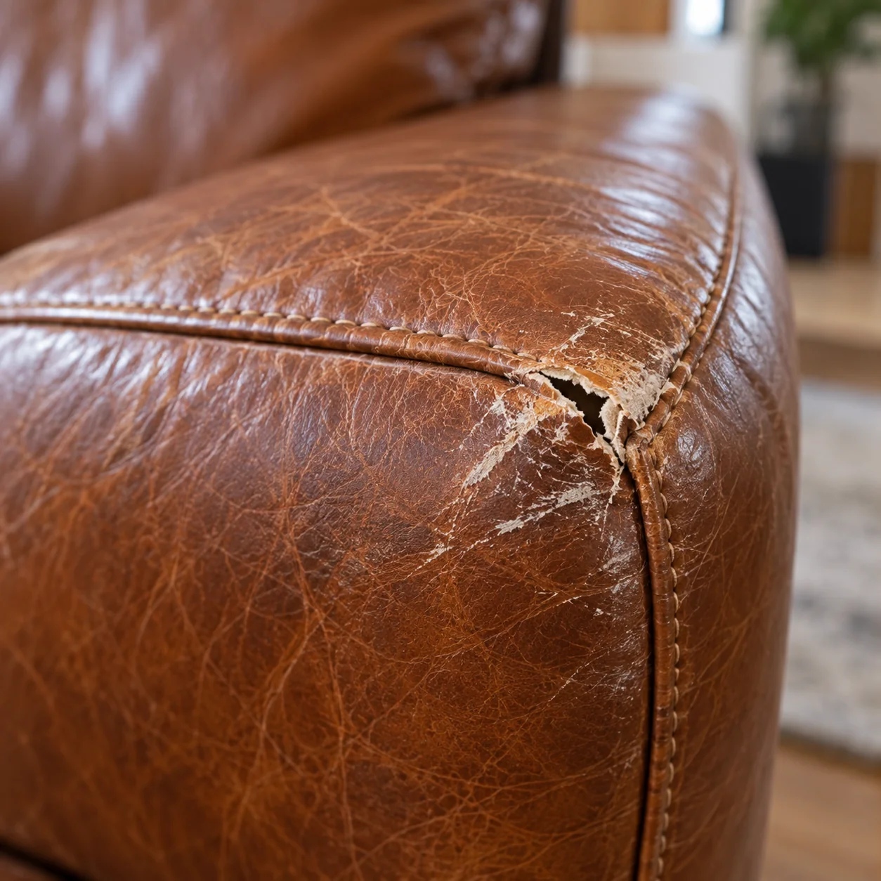 A torn corner on a leather sofa arm from a doorframe