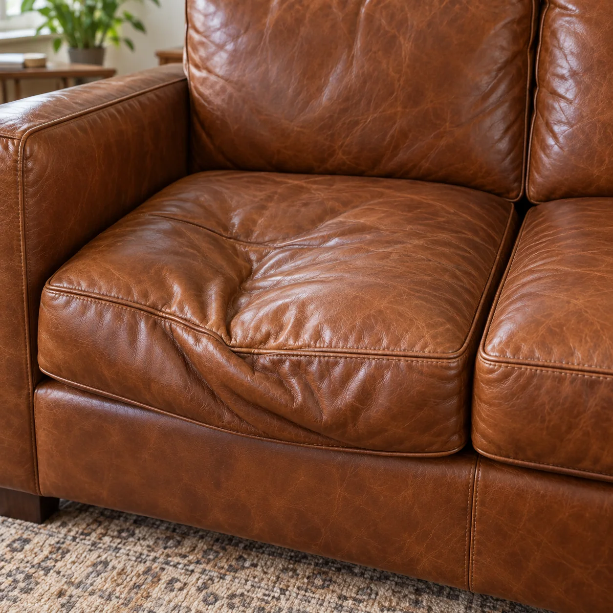 A crushed leather seat cushion after transport