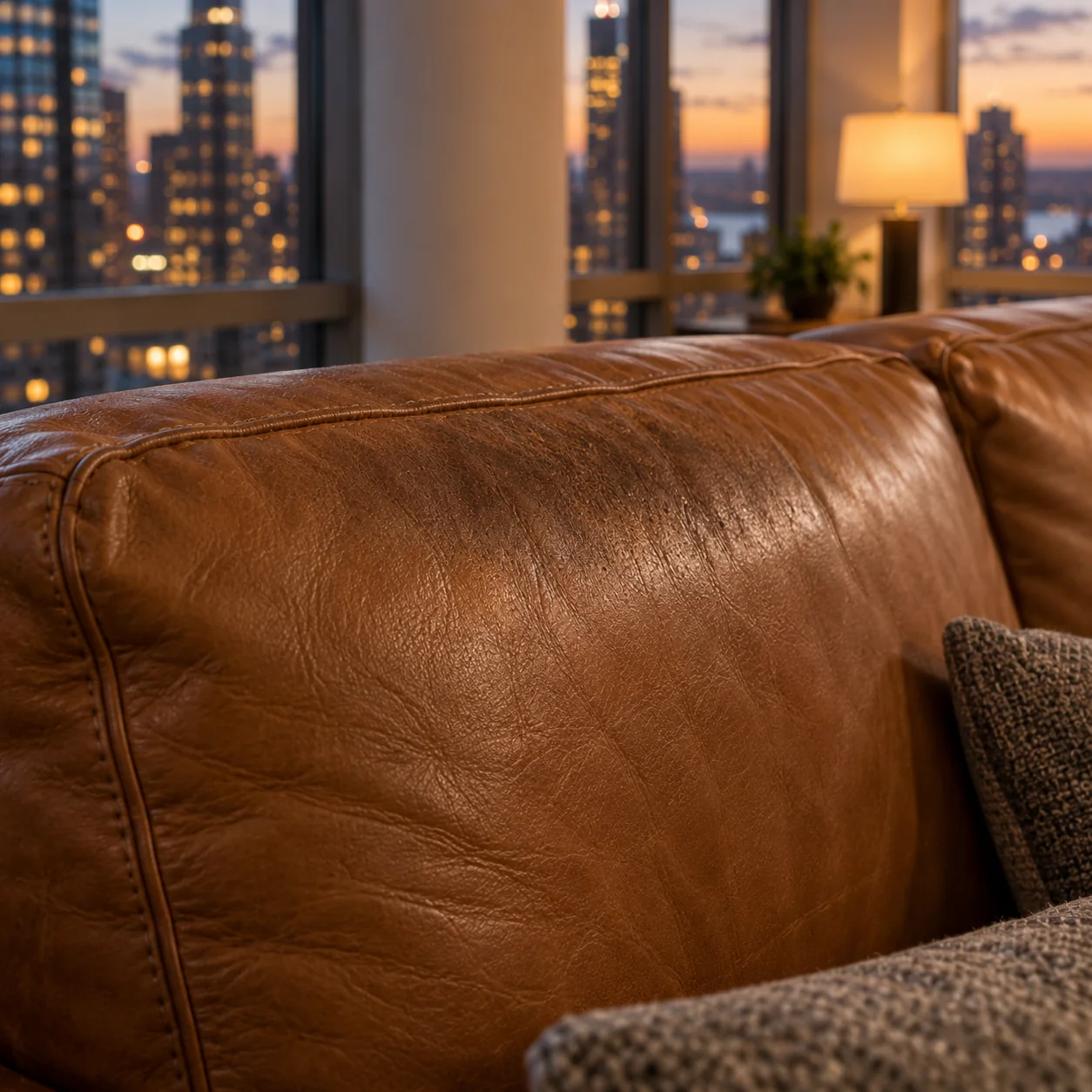 Hair product stain on a sofa back