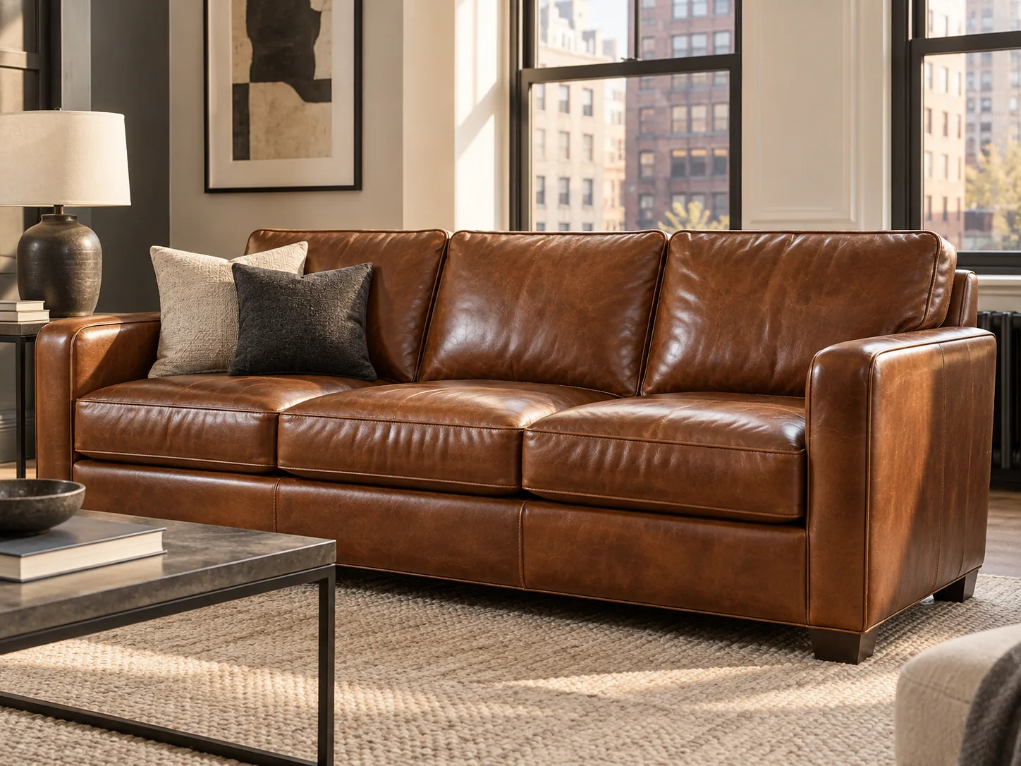 Cognac leather sofa in a living room