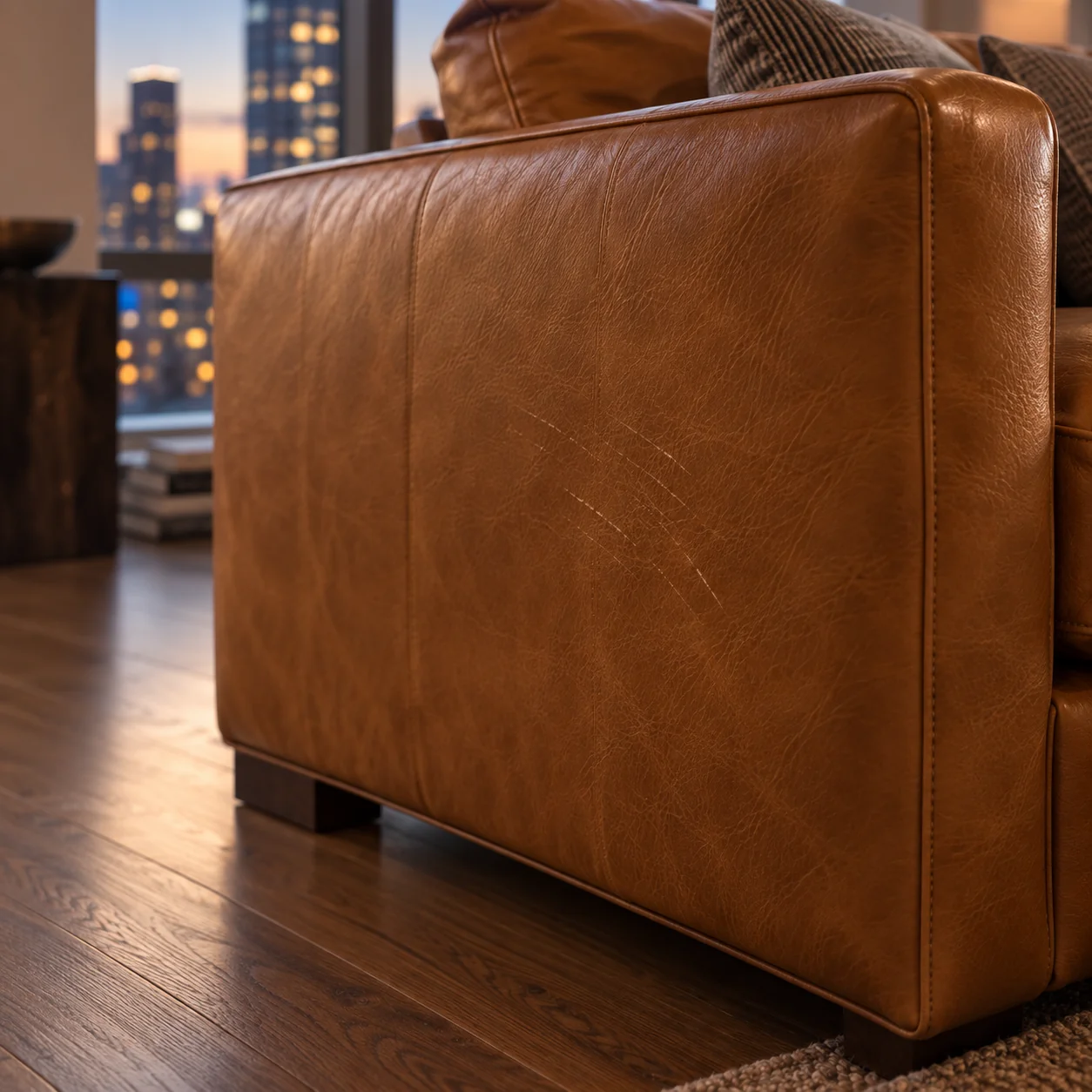Pet scratches on the side panel of a leather sofa