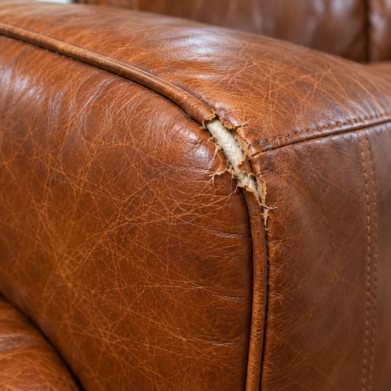 Damaged piping on a leather sofa arm after a move