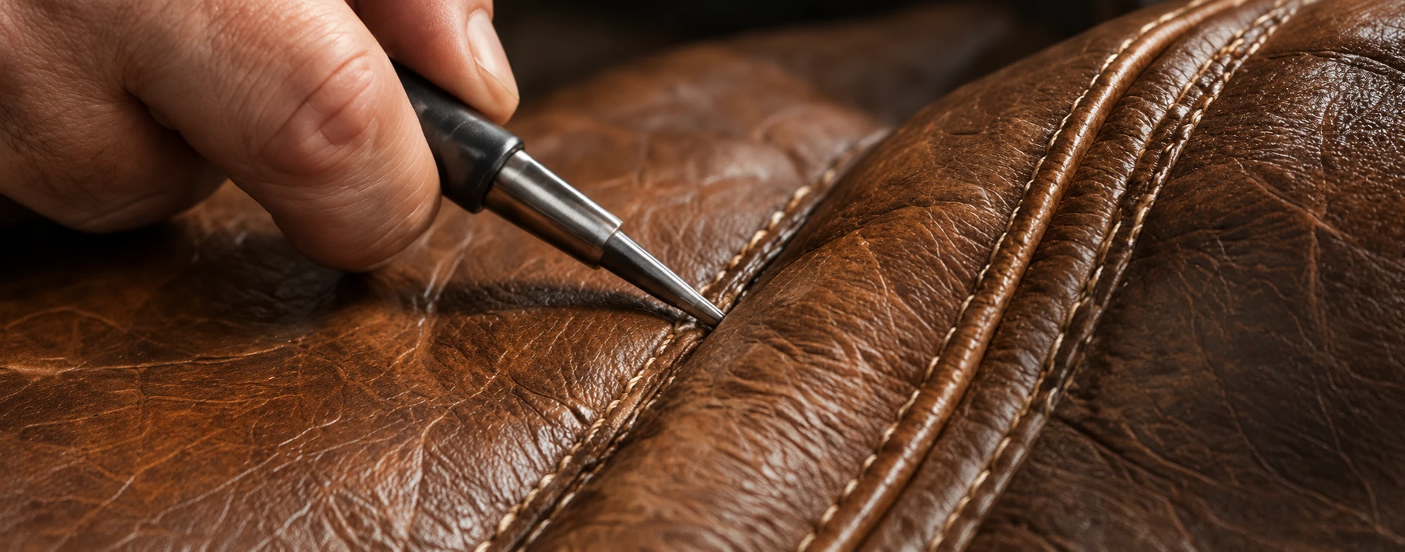 Tool working a seam on a leather sofa