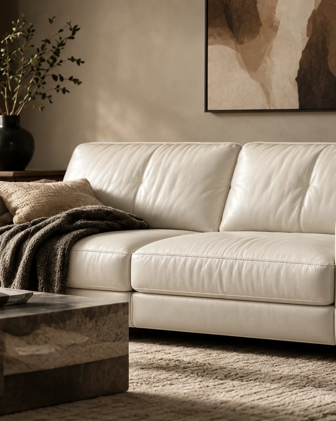 Cream leather sofa in a bright room