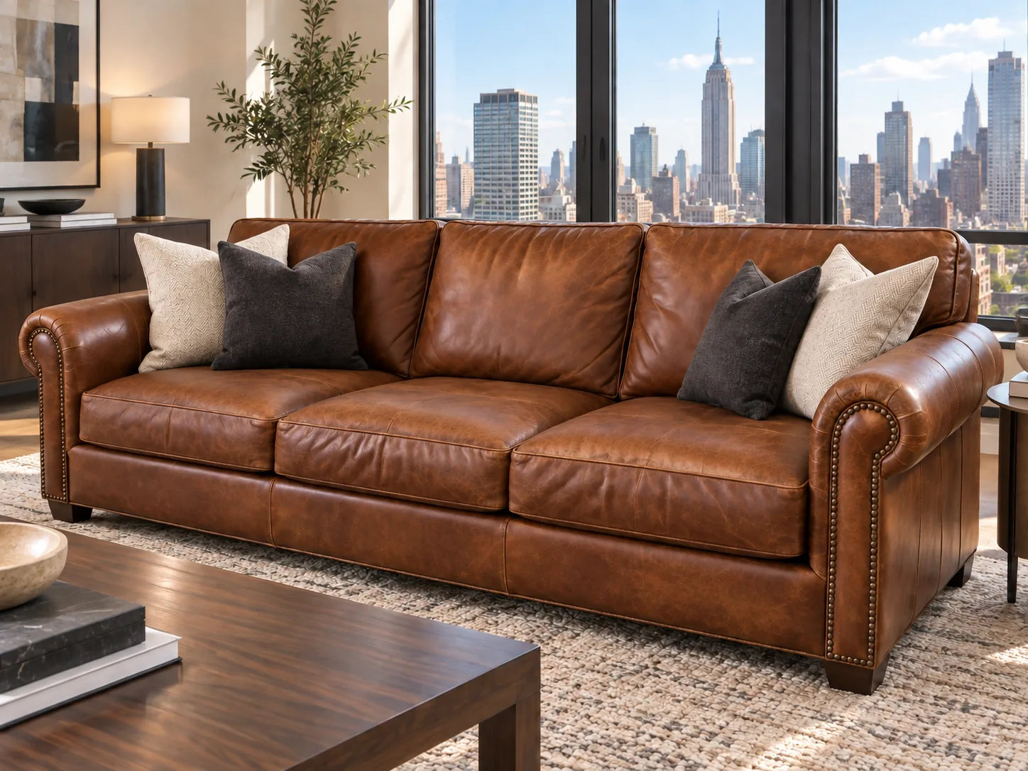 Cognac leather sofa in a high-rise apartment