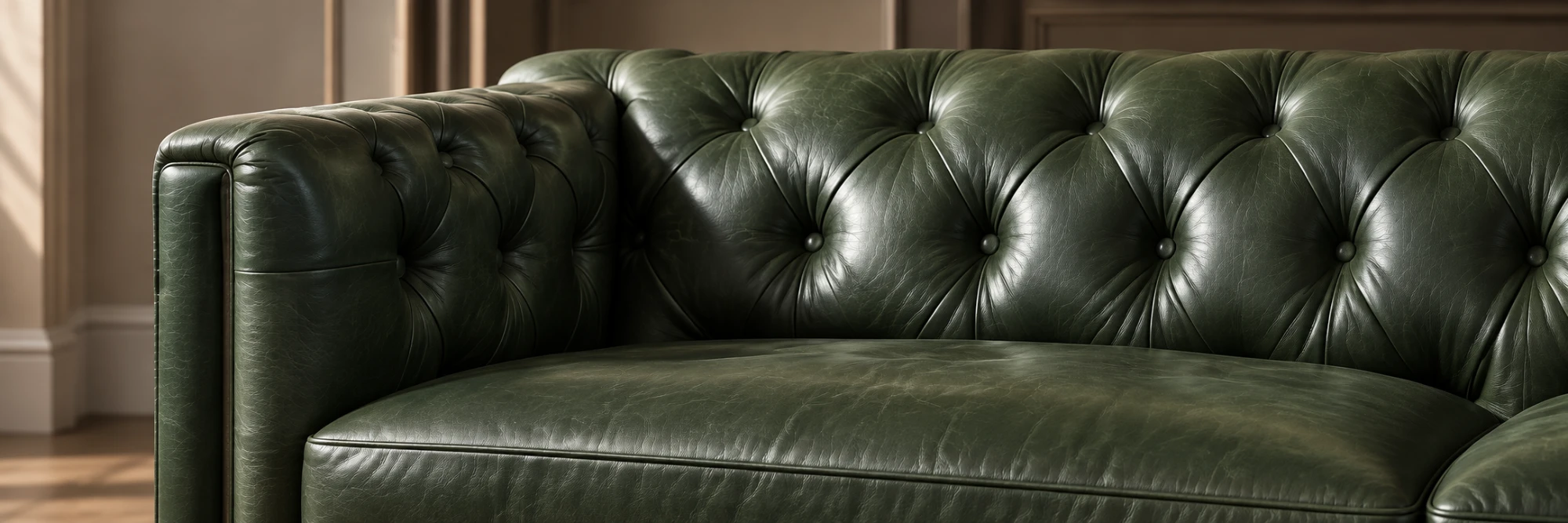 Green leather chesterfield after reupholstery