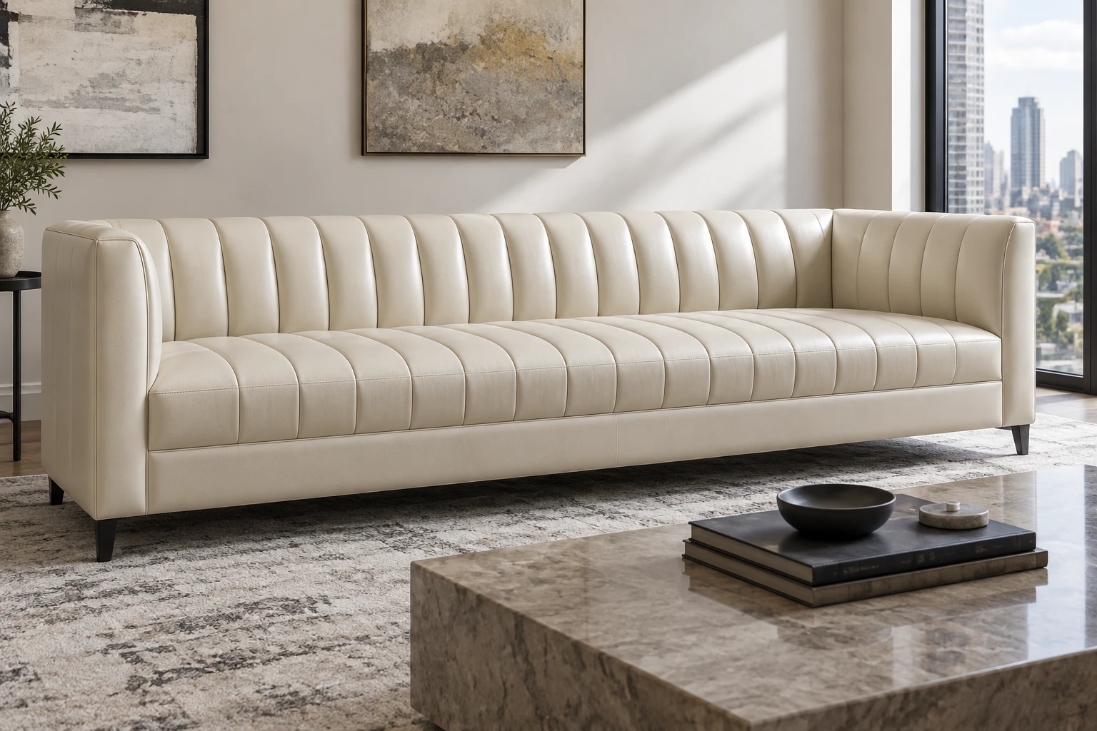 Cream leather sofa with channel tufting