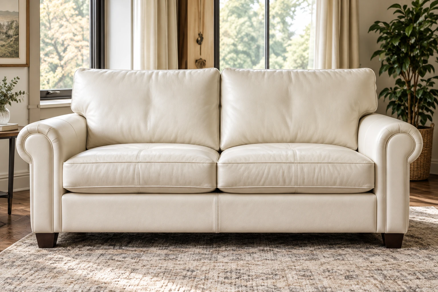 Rolled-arm loveseat in ivory leather
