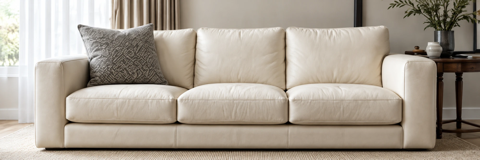 Leather repair Hamptons: an ivory leather sofa in a bright, empty summer house