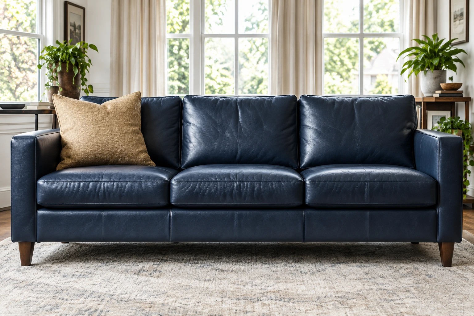 Navy leather sofa after reupholstery