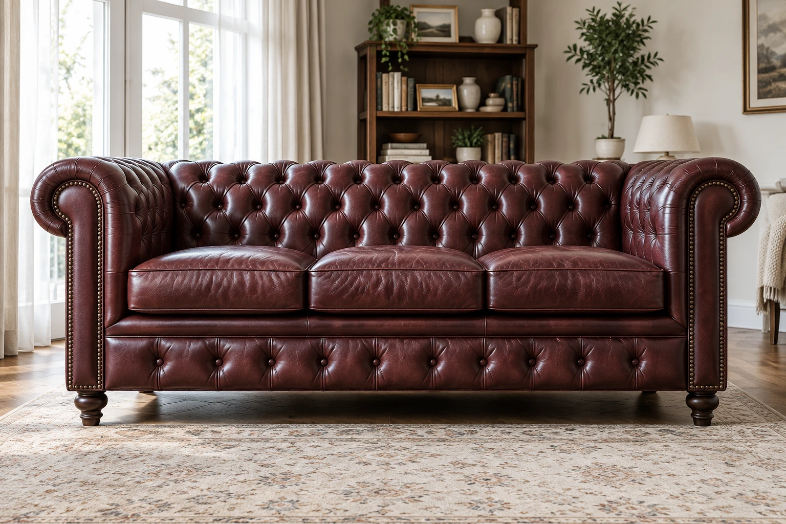 Oxblood leather Chesterfield after reupholstery