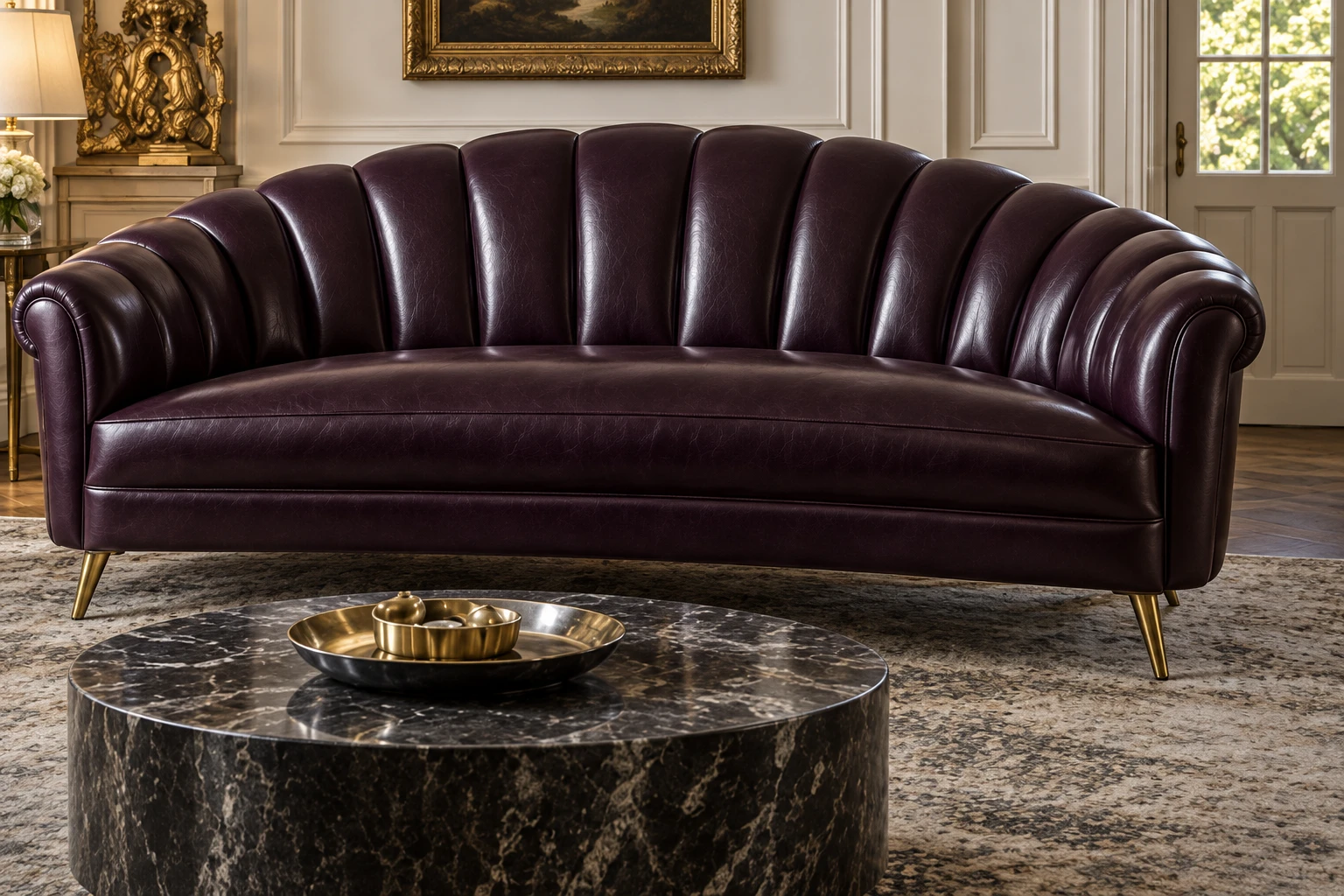 Channel-back sofa reupholstered in plum leather
