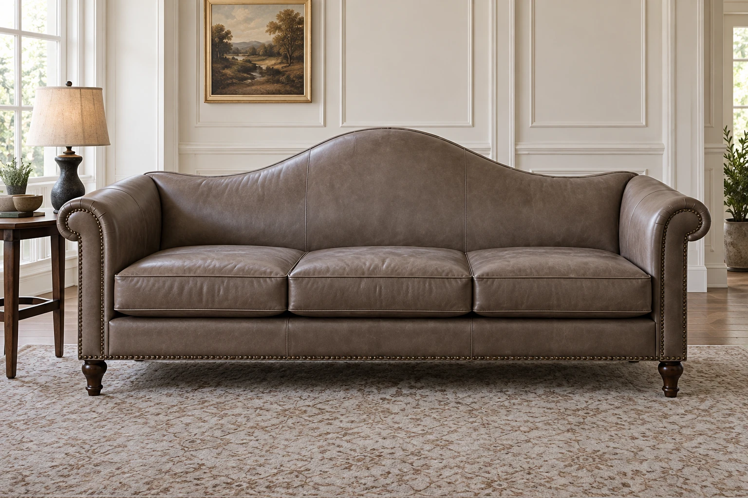 Camelback leather sofa in a family room