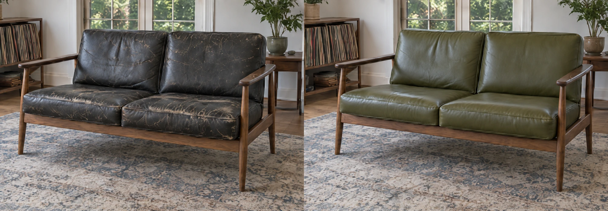 Midcentury sofa recovered from black to olive