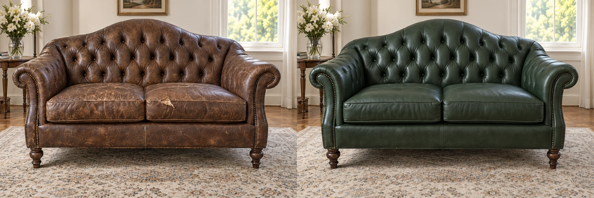 Chesterfield sofa before and after leather reupholstery