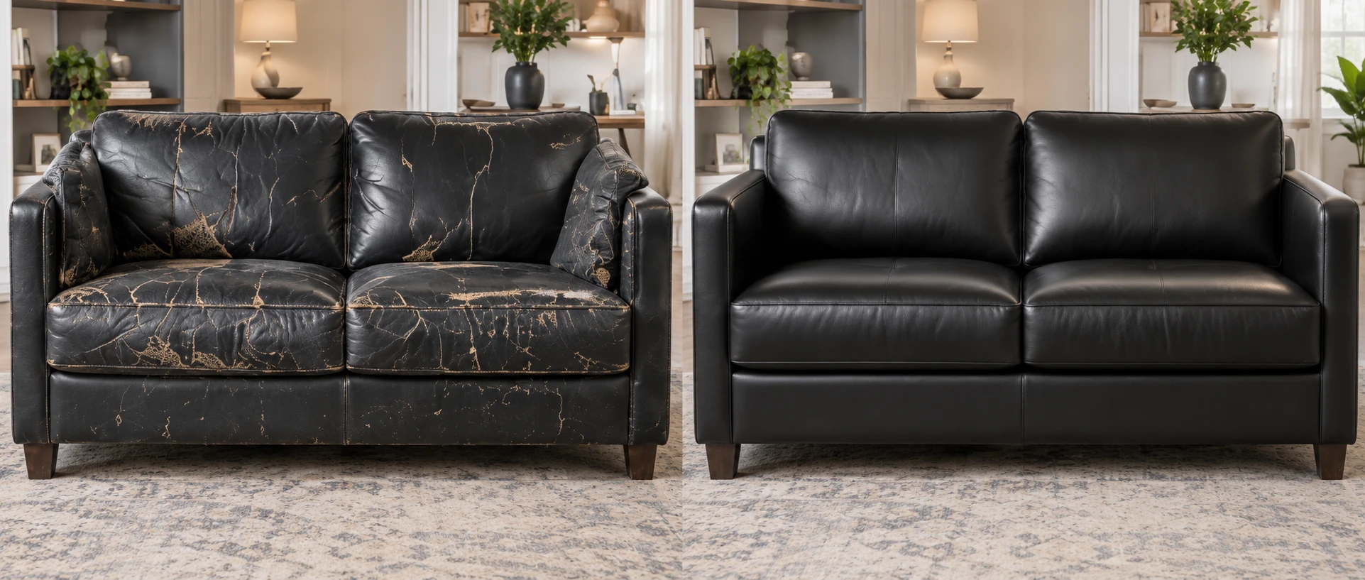 Cracked leather sofa recovered in black leather